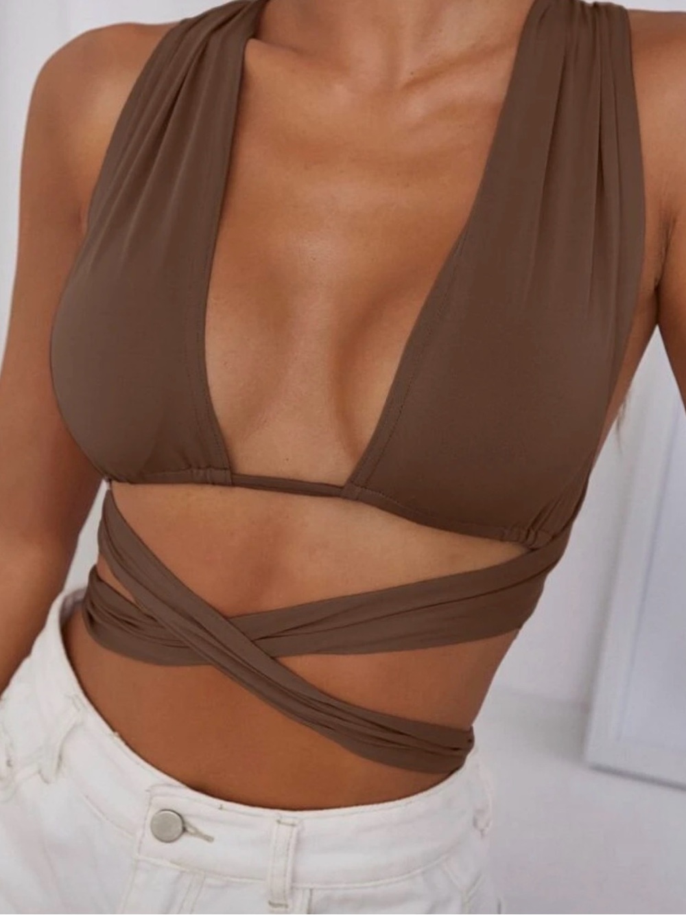 Brown Wrap Front Crop Top